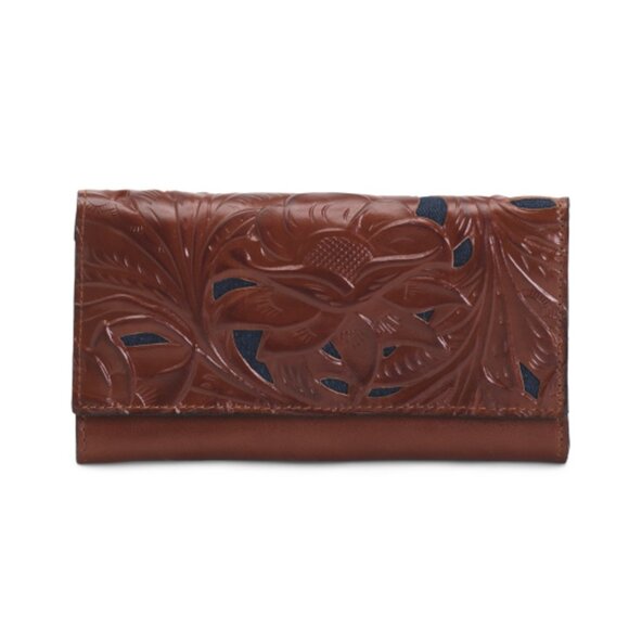 PATRICIA NASH Leather Terresa With Hand Cut Tooling & Snap Button Wallet Whicky - Picture 1 of 8